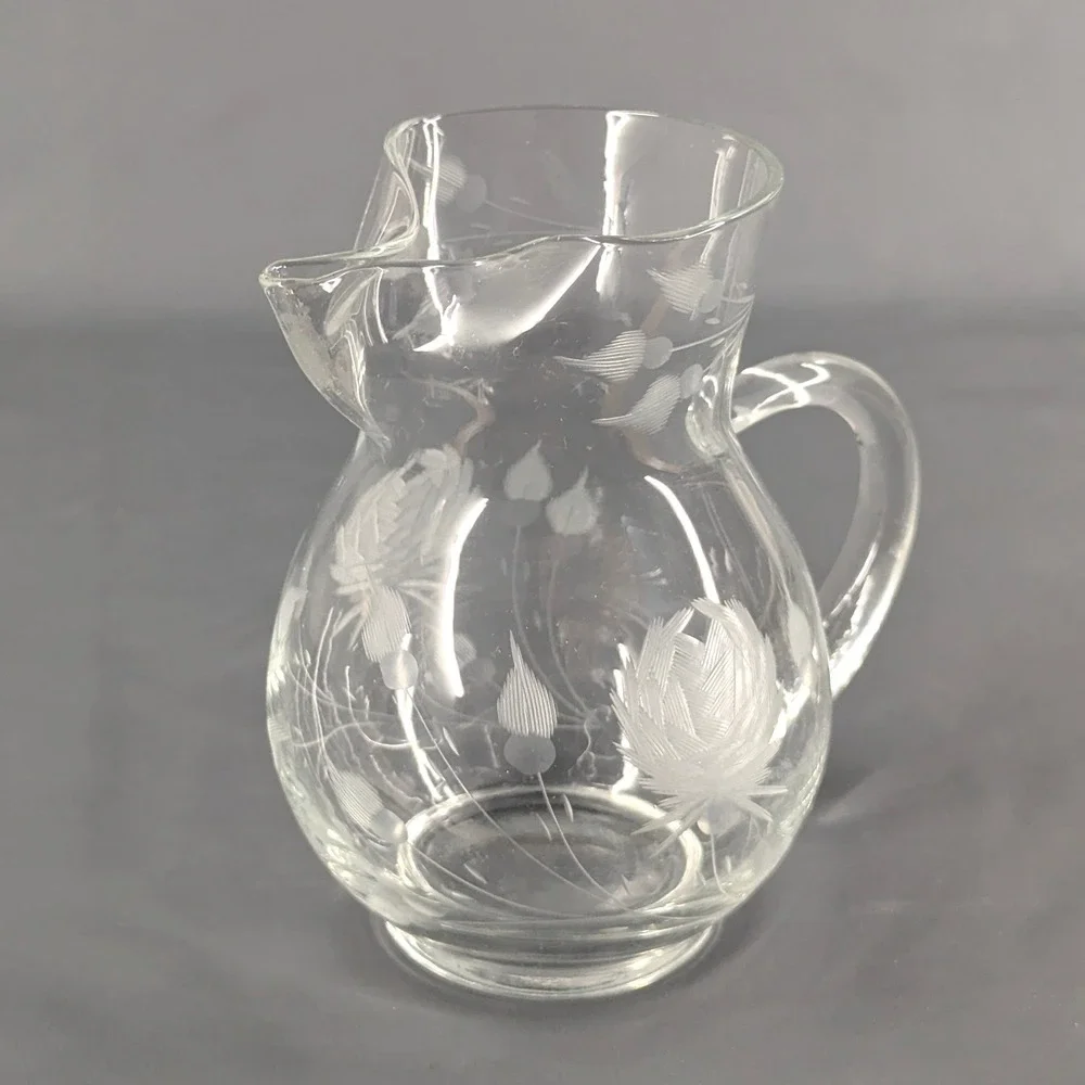 Vintage Etched Glass Pitcher with Ice Lip Floral Thistle Clear Serving Carafe